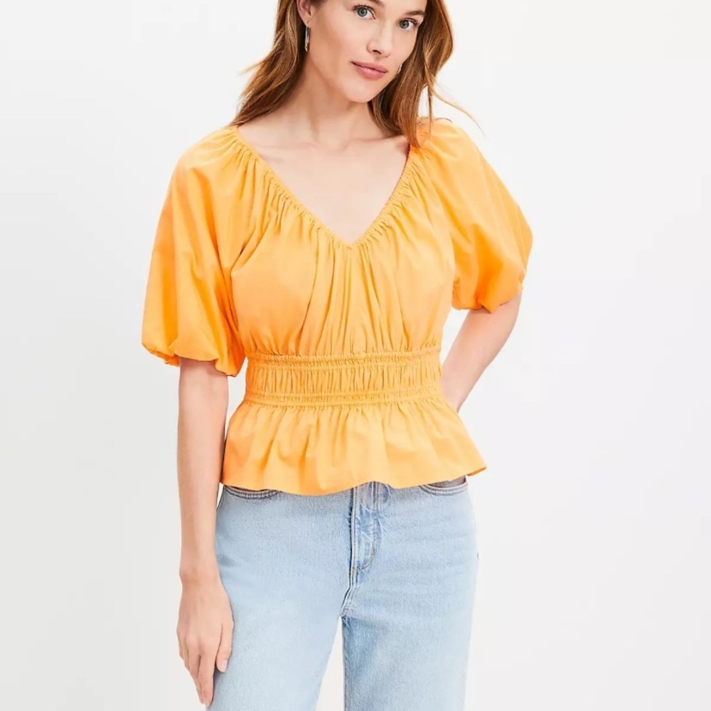 LOFT ORANGE BLOUSE GATHERED WAIST SMALL NEW WITH TAGS SHORT SLEEVE
